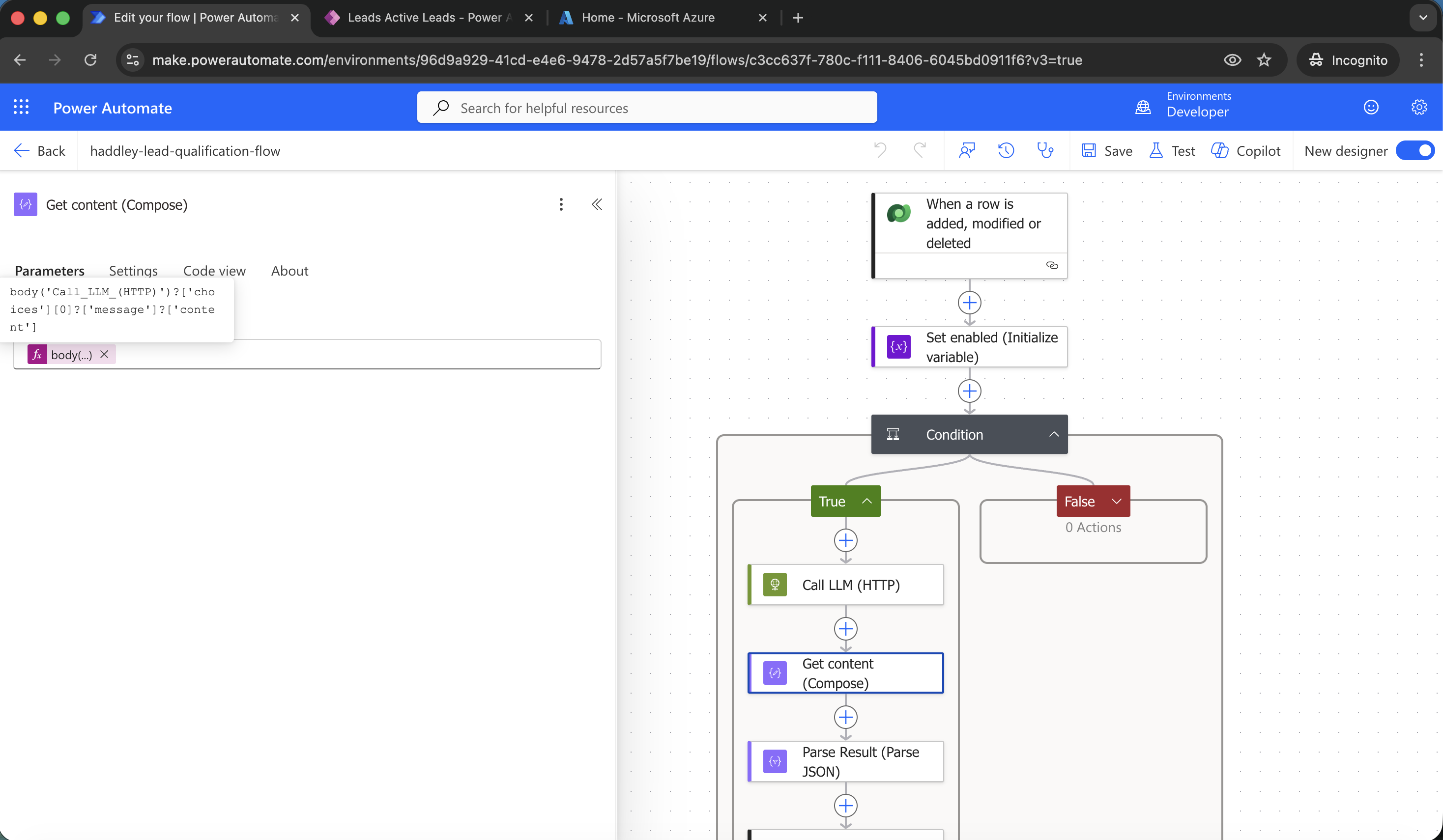 I used Componse to fetch the result (content) from the body of the HTTP response